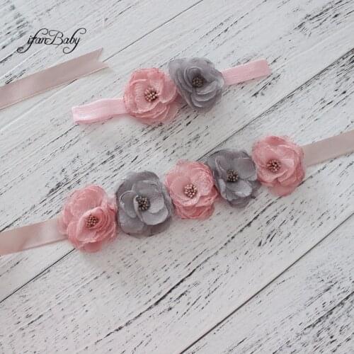 Sweet Vintage Pink grey Sash belt matching burn fabric flower headband girl flower sash belt,women belt