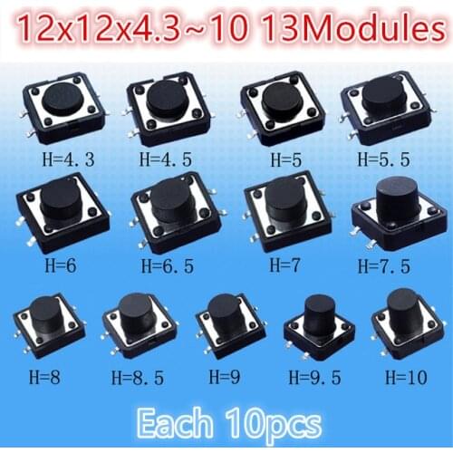 130pcs Assorted Micro Tactile Push Button Touch Tact Switch Kit 12x12x4.3~10 SMD 4 Pin Home appliances Repair 12*12