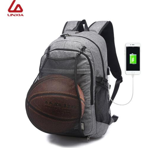 2018 Multifunction USB charging Sport Backpack With Football Basketball net School Bag For Teenager Male Soccer Ball Pack Bag