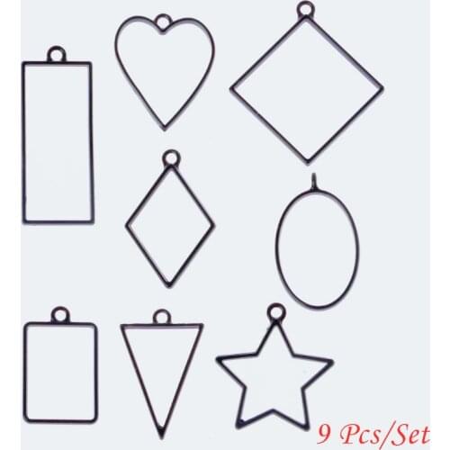 9Pcs Assorted Black Geometric Pressed Flower Frame Pendant Resin DIY Handmade Craft Accessories Jewelry Making Tools
