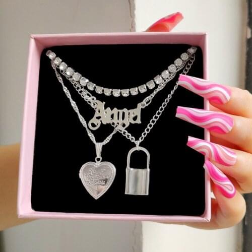 Fashion Metal Heart Letter Crystal Tennis Chain Necklace For Women Multilayer Silver Color Lock Twist Chain Necklaces Jewelry