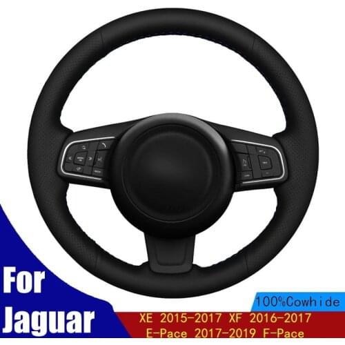 DIY Car Steering Wheel Covers Soft Black Genuine Leather For Jaguar XE 2015-2017 XF 2016-2017 E-Pace 2017-2019 F-Pace
