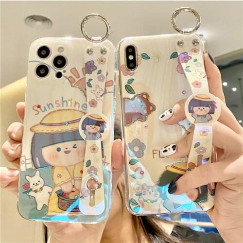 Blu-ray Cute flower girl Soft Case For OPPO A9 A5 A53 A73 2020 A3S A15 A93 Reno 5 Pro 2Z F17 F19 Pro A12E Wrist bracket Cover