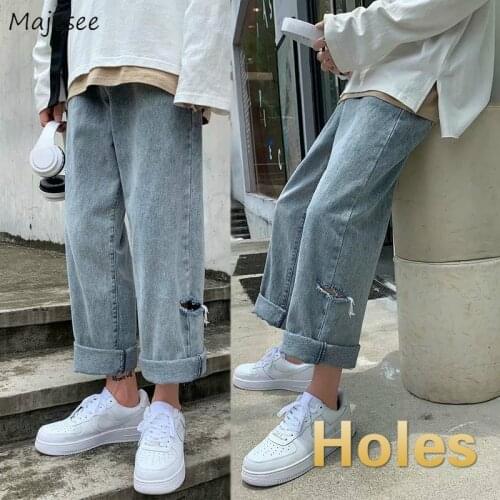 Men Jeans Ankle-length Leisure Washed Holes Chic Streetwear All-match Denim Mens Wide Leg Trousers Students Solid Harajuku Teens