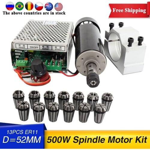 0.5Kw Air cooled spindle Motor+13pcs ER11 chuck+ 52mm clamps + Power Supply speed governor For DIY CNC