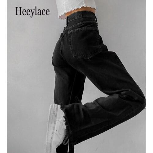 Fashion Holes High Waist Jeans Femme Pantalon Vintage Streetwear Loose Korean Trousers Joggers Women Denim Pants