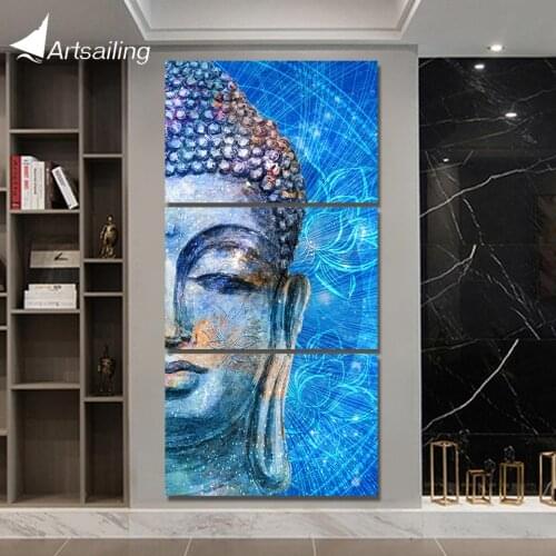 HD printed 3 Piece Head of Lord Buddha with Lotus Canvas Blue Watercolor Buddha Canvas Prints Wall Pictures for Living Room