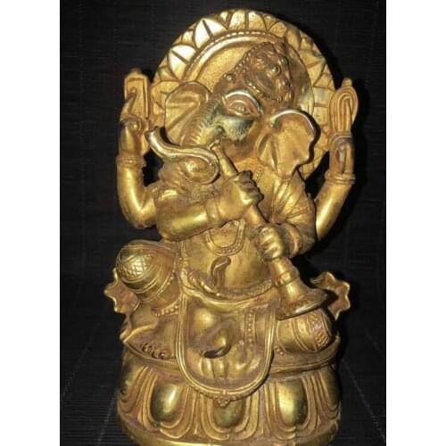 China Bronze Gilt Four Arms hand Ganapati mammon Elephant God Buddha Statue
