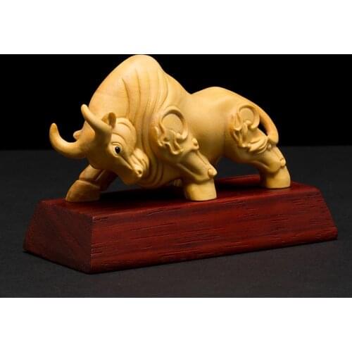 Chinese Mascot Charging Bull Wealth Animal Sculpture Crafts Lucky Bulls statue Gothic Boxwood Miniature Creative Feng Shui