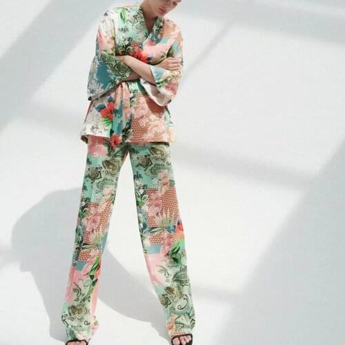 Harajuku Printed V-neck Tie Jacket and Printed Elastic Waist Loose Straight-leg Pants Kimono Style Clothing 2 Piece Pants Suit