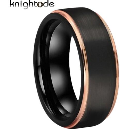 8mm Black Tungsten Carbide Wedding Band Rose Gold Stepped Edges For Men Women Engagement Rings Valentines Gift Brushed Finish