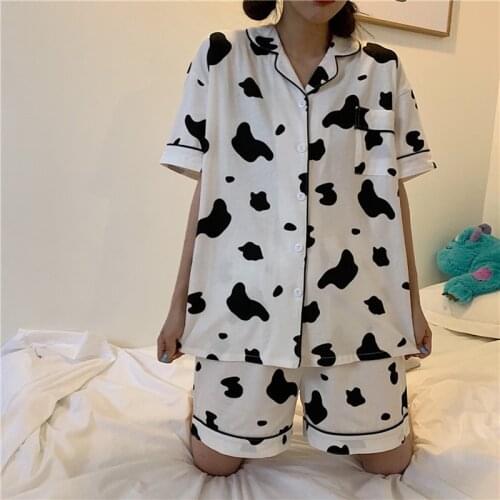 Summer Womens Pajamas Milk Silk Cow Print Lapel Cardigan Short Sleeve Shorts Two-Piece Sweet Casual Homewear