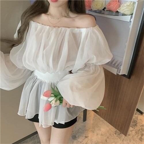 RUGOD Solid White Summer Woman Dress Slash Neck Strapless Sexy party Dresses for Women Lantern Sleeves Ruched Vestidos 2021