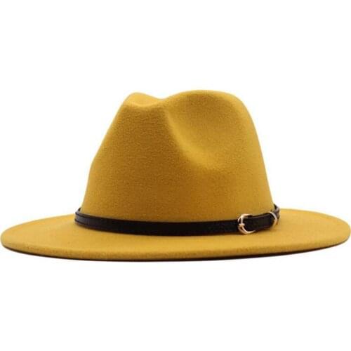 Women Men Wide Brim Panama Fedora Woolen Felt Hats Casual Trilby Gambler Hat Jazz Party Formal Hat with Belt Buckle