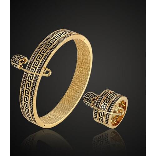 Vanifin Return pattern cubic zirconia Bangle Rings Set For Wedding Jewelry Women Gold-color Bangle Rings Accessory Sets Men Bang