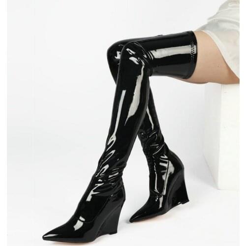 Ladies Patent Leather Over The Knee Boots Fashion PU Slim Pointed Toe Womens Shoes Slope Heel Slip On Four Seasons Long Boots