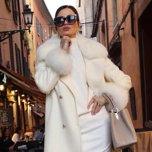 2020 Winter Women Genuine Fur Wool Cashmere Blend Coat Fashion Real Fox Long Jacket Overcoat Female Warm Trench Coats