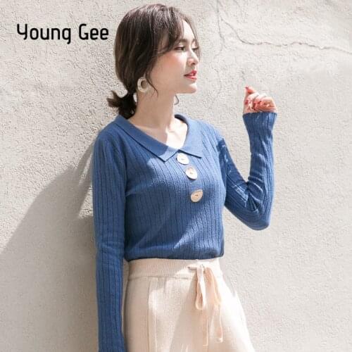 Young Gee Women Knitted Sweater Spring Autumn Winter Fashion Basic Long Sleeve Crew Neck Pullovers Tops Jumper Pull sueter mujer