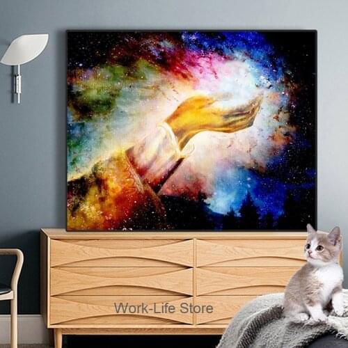 Abstract Religious Colored Wall Canvas Poster Painting God Hand Universe Galaxy Cloud Picture Print For Living Room Home Decor