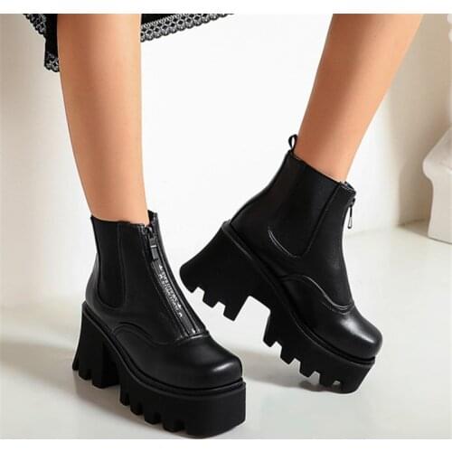 PXELENA Front Zip Thick Sole Platform Combat Boots Women Chunky Block High Heels Punk Gothic Rock Creepers Cosplay Shoes 35-44