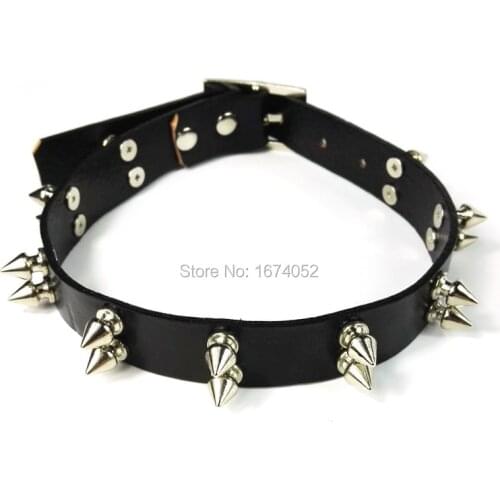 Hot Jewelry Punk Gothic 100% Handcrafted Real Leather Choker Doule Line Spiked Collar Spikes Studded Necklace