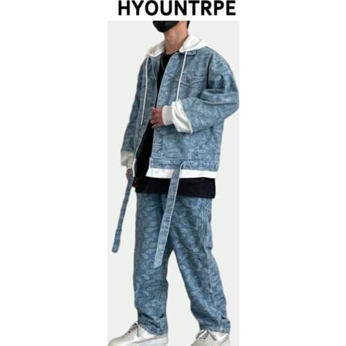 2 Pieces Sets Men Fashion Patchwork Single Breast Denim Jeans Hooded Jacket Coat and Loose Straight Pants Joggers Streetwear Set
