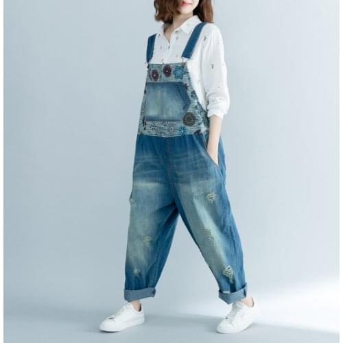 Wide Leg Bib Denim Overalls Large size Baggy Cowboy Strap Trousers Bleached Ripped Hole jean Jumpsuits hanging crotch Rompers