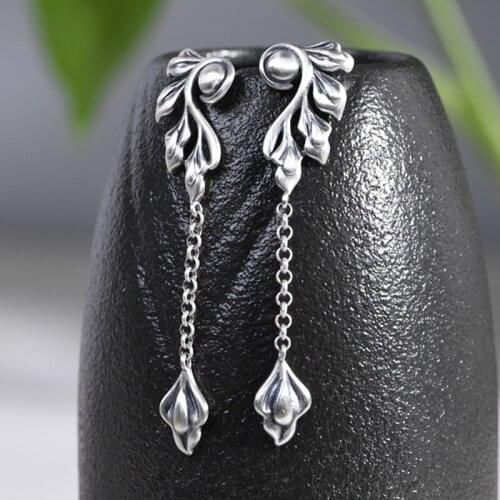 FNJ Long Tassel Stud Earrings 925 Silver New Fine 100% Pure S925 Sterling Silver Earring for Women Jewelry Leaf