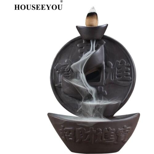 HOUSEEYOU Chinese Ancient Money Backflow Incense Burner Ceramic Stick Incense Holder Aromatherapy Censer for Home Tea House