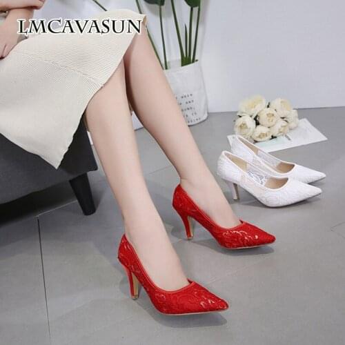 LMCAVASUN New stiletto womens shoes shallow mouth pointed lace high heels hollow hollow bridal shoes