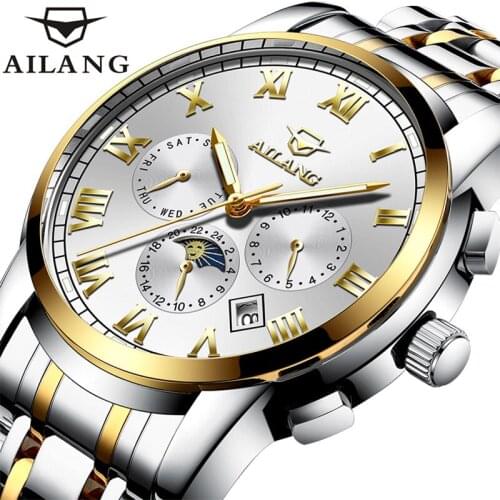 AILANG 2021 Stainless Steel Strap Calendar Luminous Waterproof Mens Wrist Watch Luxury Automatic Tourbillon Men Watches 8507