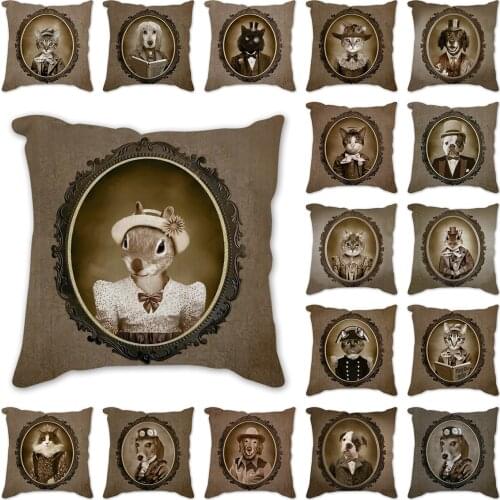 Throw Animal portrait Decorative Cotton Linen Cushion Cover 45x45cm For Sofa Chair Pillowcase Home Decor cat dog squirrel Car