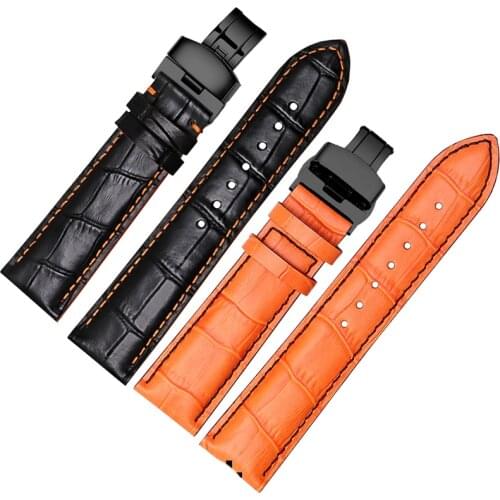 Genuine leather watch band black orange thread with butterfly button replacement belt for Mido M005 strap men 18/20/22/23mm