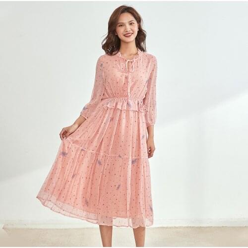 Rongtai 2021 spring and summer pink silk dress womens thin silk skirt with drawstring