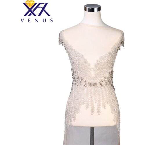 XFX VENUS Handmade Crystal Sequin Wedding Long Patches Rhinestone Pearl Appliqued Patch Wedding Applique for Costume