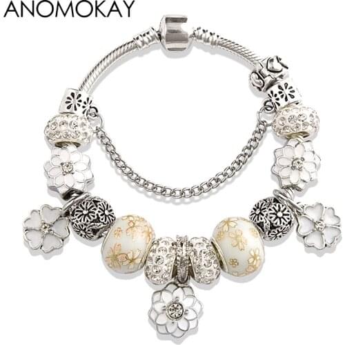 2019 European Trendy White Leaf Flower Plant Charm Bracelet White Crystal Diy Bead Bracelets & Bangles Jewelry for Women Gift