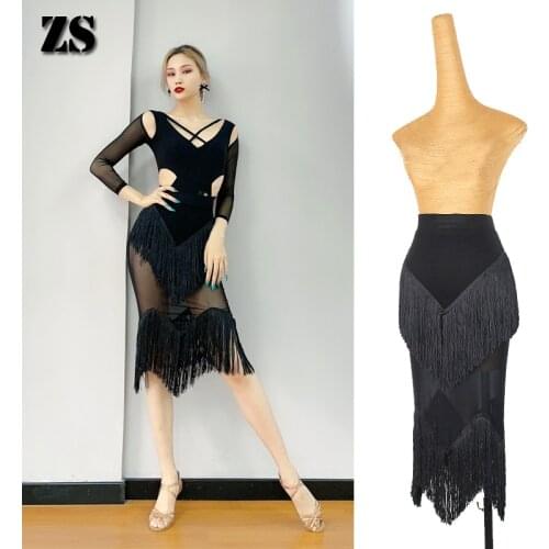 Sexy Latin Dance Costumes Black Mesh Fringed Halter Top Skirt Latin Dance Skirts Cha Cha Rumba Latin Performance Wear L349
