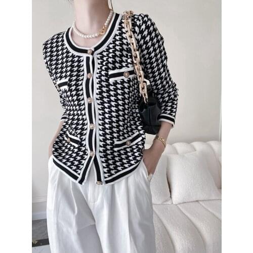 Retro Bird Lattice Knit Cardigan Jackets Women Elegant Long Sleeve Autumn Ice Silk Jacket Single Breasted Little Fragrance Coats