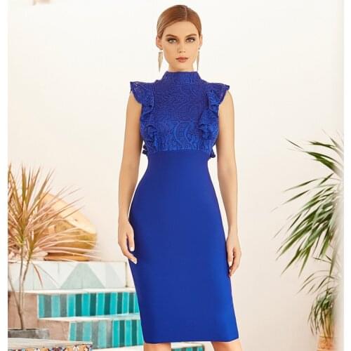 Celebrity Bandage Dress Blue Sexy Turtleneck Sleeveless Decorated Lace Sides Knee Length Dress 2020 Elegant Women Evening Party