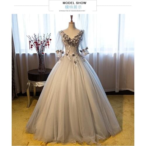 100%real luxury silver grey bubble sleeve flower embroidery beading princess ball gown medieval dress/victoria belle ball