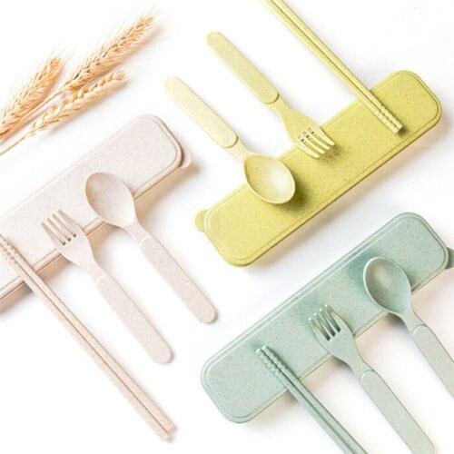 3pcs/set Fork Spoon Dinnerware Sets Travel Cutlery Portable Cutlery Case Japan Style Student Wheat Straw Kitchen Tableware