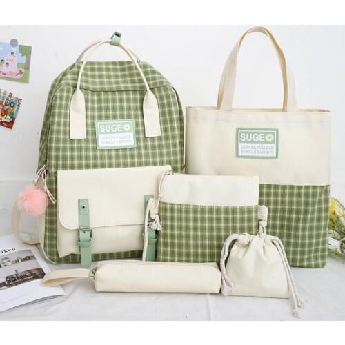 5 Pcs Set Children School Bag for Kids Women Backpack Canvas Book Bag Cute Student Shoulder Bags for Teenager Girls Mochila