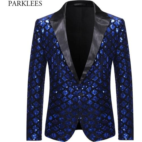 Shiny Sequin Glitter Mens Royal Blue Blazer Notched Lapel Plaid Men Tuxedo Blazers Wedding Nightclub Party Stage Men Suit Jacket