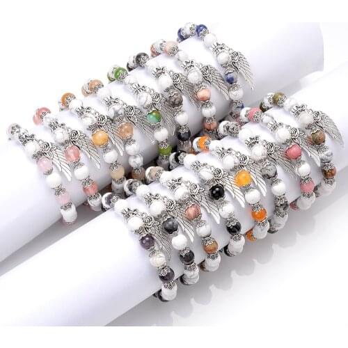 Natural Stone Bracelet With Single Wing Agates Crystal White Turquoises Beads Bracelets for Women Men Healing Yoga Reiki Jewelry
