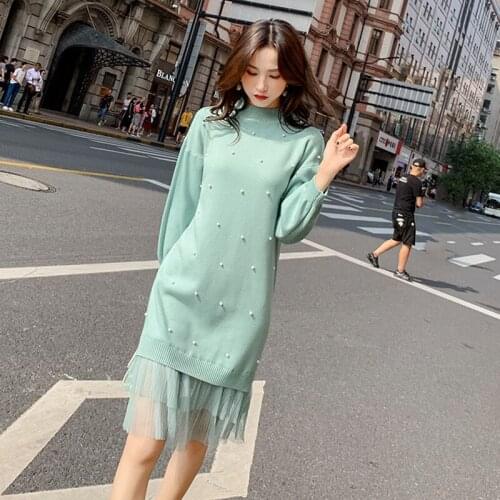 Elegant O-neck women knitted dress Autumn winter Long sleeve Sweater Mesh patchwork dress