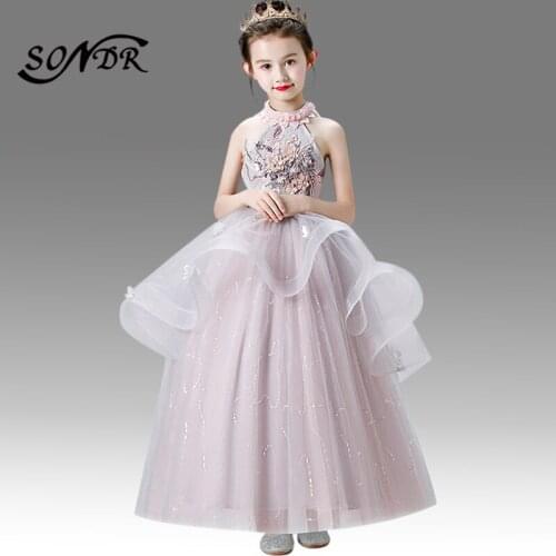 Elegant Flower Girl Dresses HT135 Luxury Appliques Lace Beading Girls First Holy Communion Dress Halter Princess Ball Gowns