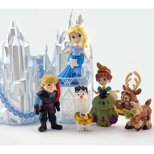6PCS 2 Anna Elsa Princess Olaf Sven And Castle Ice Palace Throne Action Figure Anime Figurine Model Toy For Kids