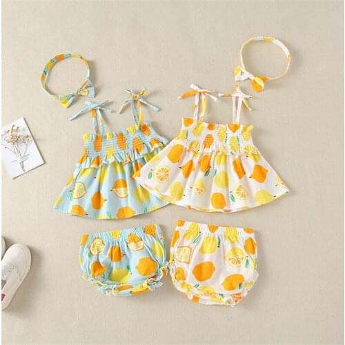 Newborn Infant Baby Girls Clothes Set Sleeveless Dress+Briefs+headband 3PCS Outfits Lemon Printed Clothing Sets Summer Sunsuit