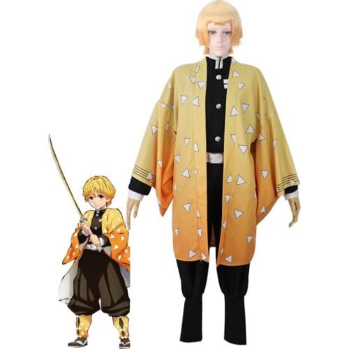Anime Demon Slayer Kimetsu no Yaiba Cosplay costume top+pants +jacket + wig Halloween party Agatsuma Zenitsu Kimono Costumes men