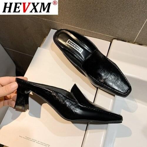 Dress Patent Slippers Women Heels Shoes Pointed Toe Female Summer Fashion Slides Metal Block Heel Ladies Slip On Loafers 2021